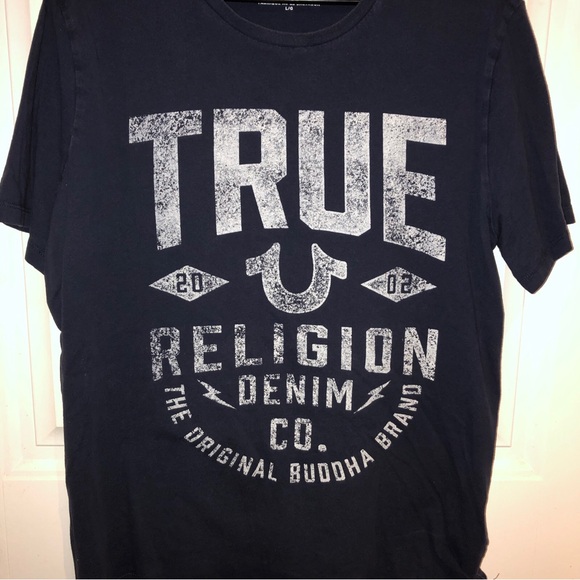 True Religion Men's Graphic Tee T-Shirt Navy Large Authentic Navy Blue And White - Picture 3 of 9